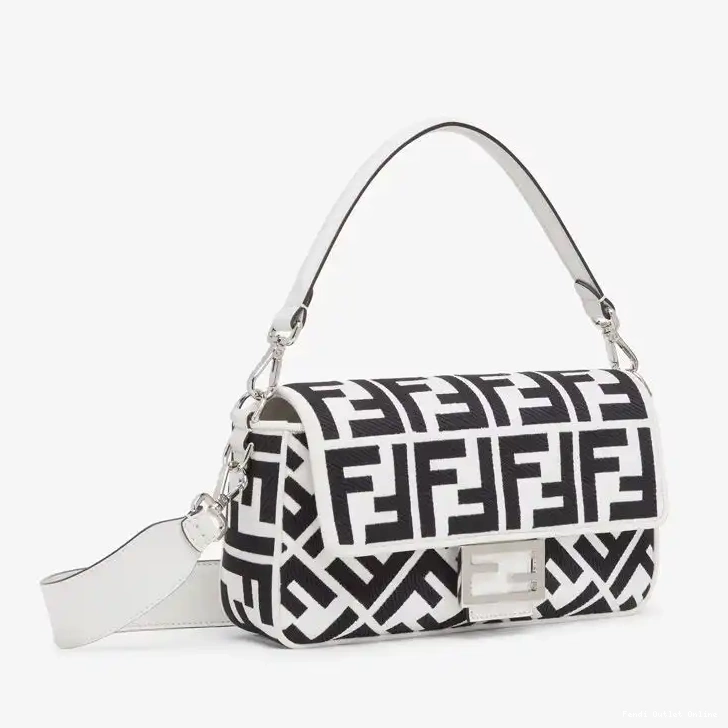 Cheap In White Canvas Medium Motif Black FF Fendi Bag Baguette 0503